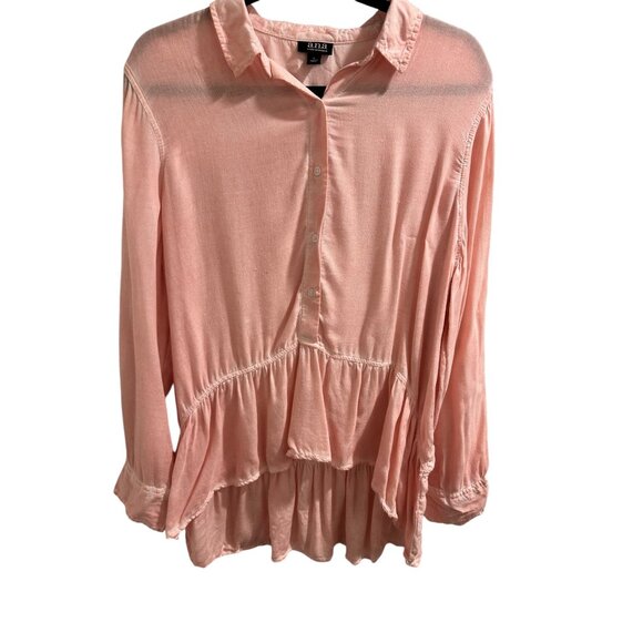 ๐ 2/$20 ๐ Pink Boho Long Sleeve Collared Blouse with Flouncy Bottom sz L - Picture 1 of 8